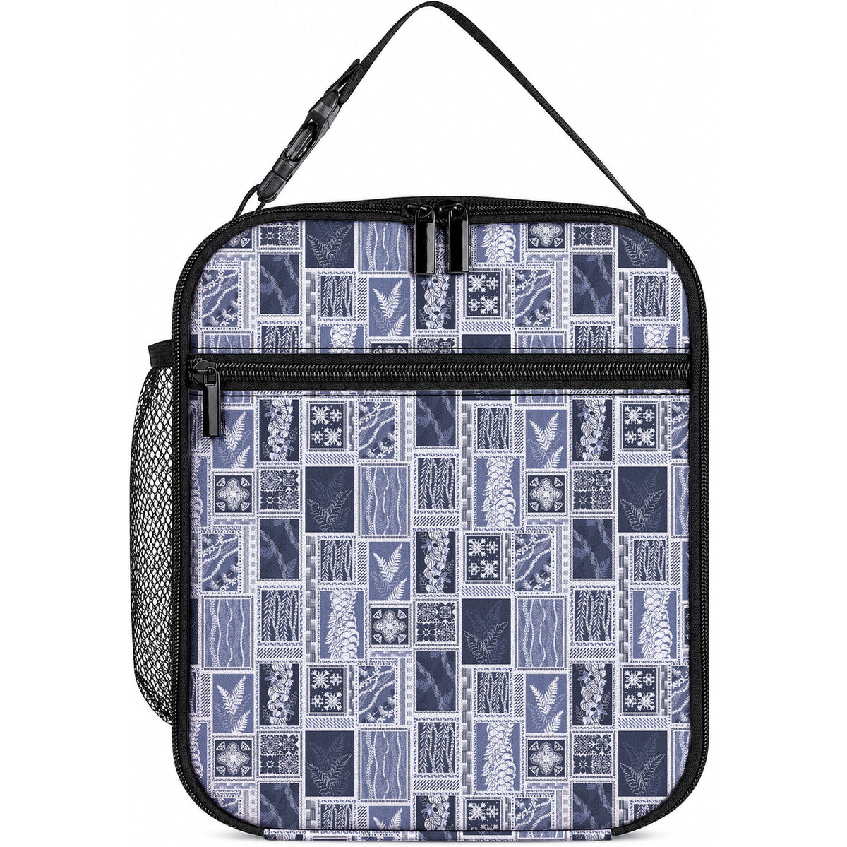 Vintage Aloha Block Quilt Lunch Bag Blue Inspired Lei Motifs LT9 10.2 × 8.3 × 4.3 inch Blue - Polynesian Pride