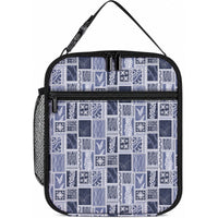 Vintage Aloha Block Quilt Lunch Bag Blue Inspired Lei Motifs LT9 10.2 × 8.3 × 4.3 inch Blue - Polynesian Pride