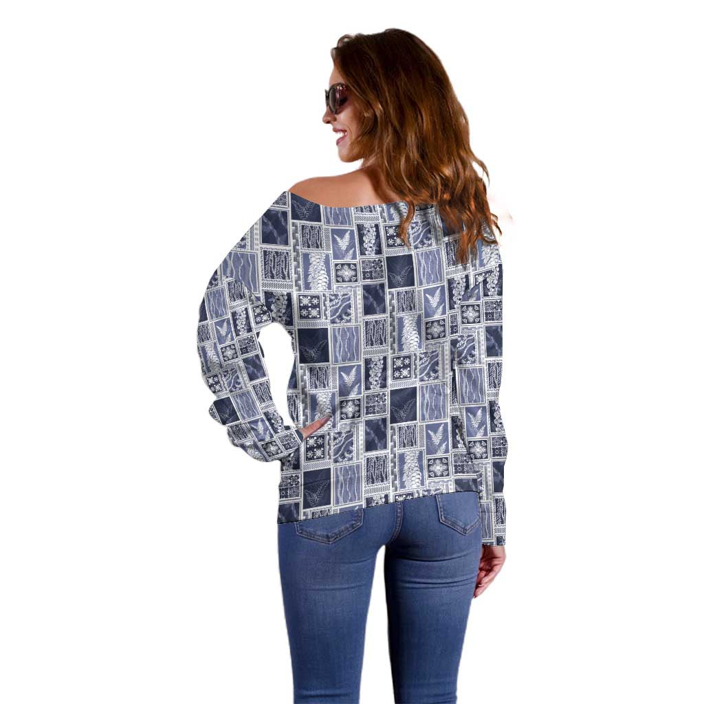 Vintage Aloha Block Quilt Off Shoulder Sweater Blue Inspired Lei Motifs LT9 - Polynesian Pride