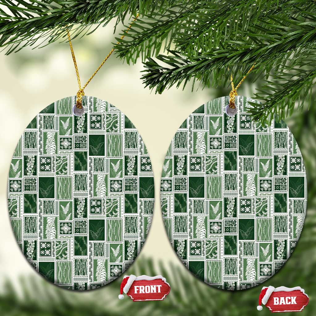 Vintage Aloha Block Quilt Ceramic Ornament Green Inspired Lei Motifs LT9 Oval Green - Polynesian Pride
