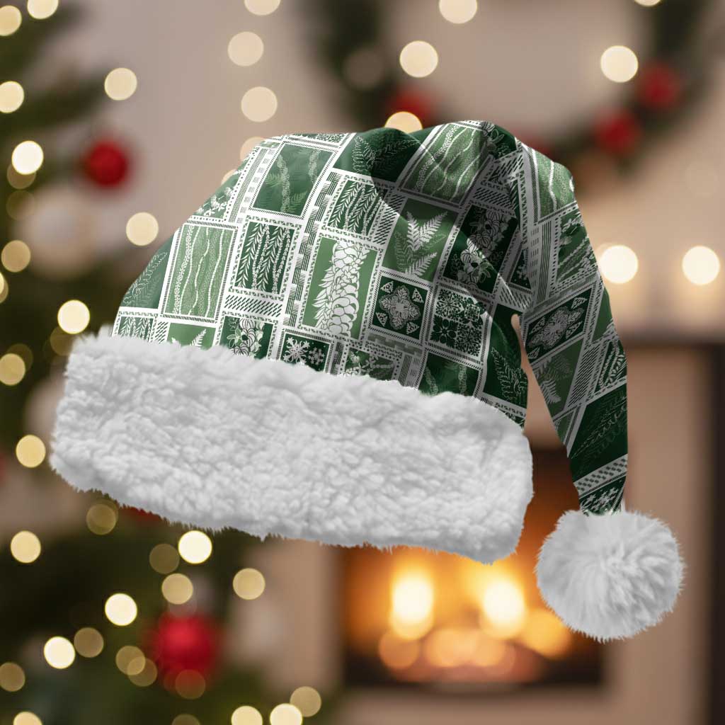 Vintage Aloha Block Quilt Christmas Santa Hat Green Inspired Lei Motifs LT9 With Fur Green - Polynesian Pride