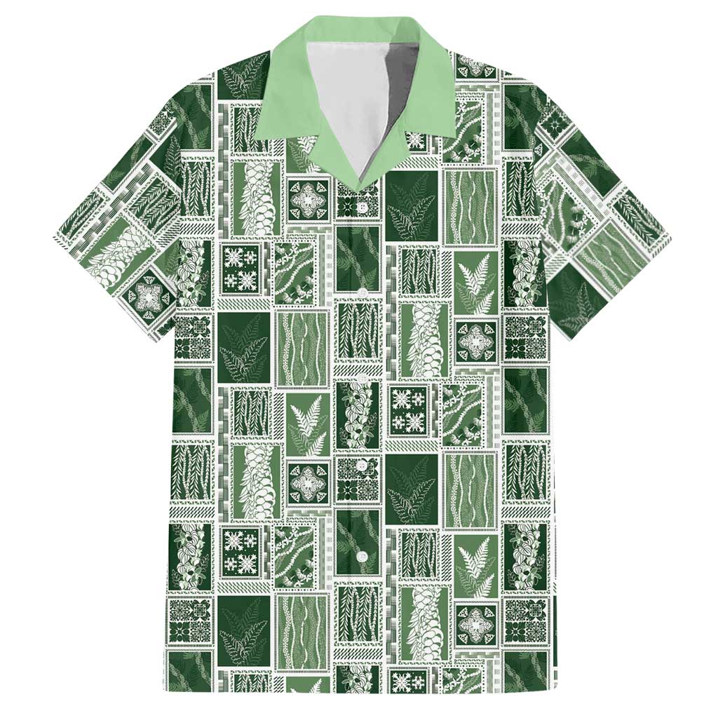Vintage Aloha Block Quilt Hawaiian Shirt Green Inspired Lei Motifs LT9 Green - Polynesian Pride