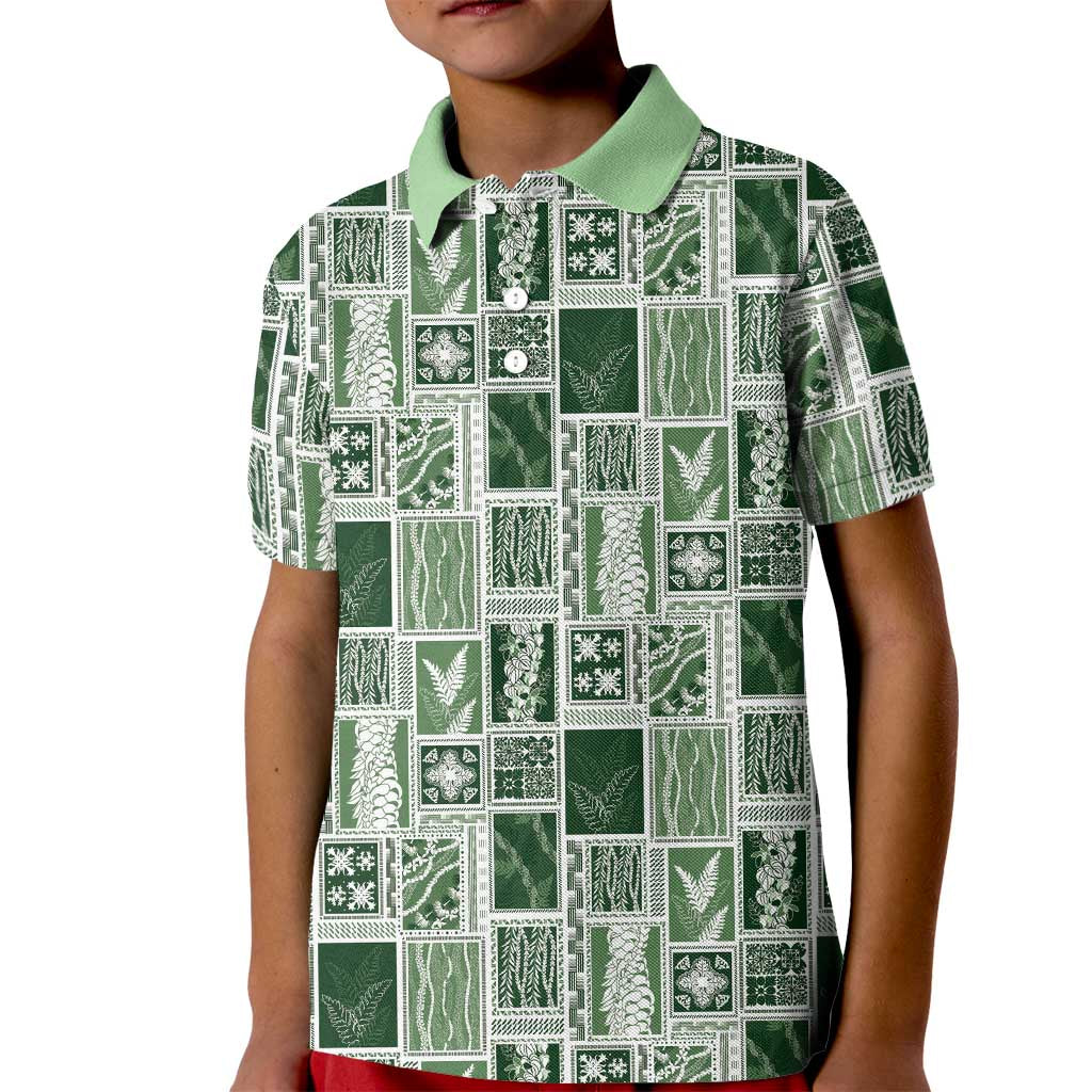 Vintage Aloha Block Quilt Kid Polo Shirt Green Inspired Lei Motifs LT9 Kid Green - Polynesian Pride