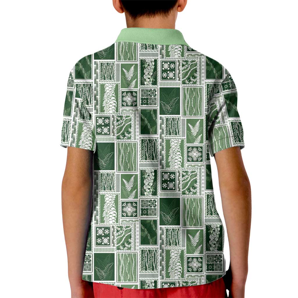 Vintage Aloha Block Quilt Kid Polo Shirt Green Inspired Lei Motifs LT9 - Polynesian Pride
