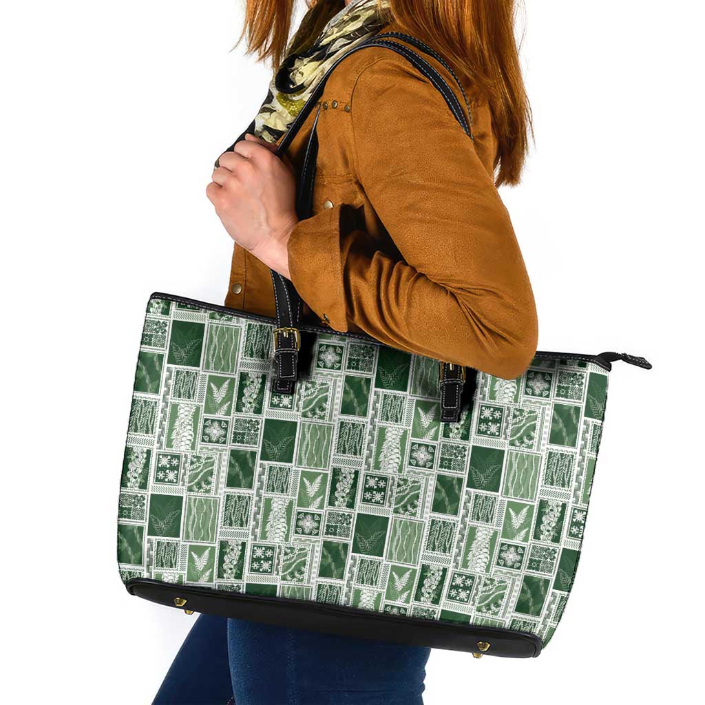 Vintage Aloha Block Quilt Leather Tote Bag Green Inspired Lei Motifs LT9 Green - Polynesian Pride