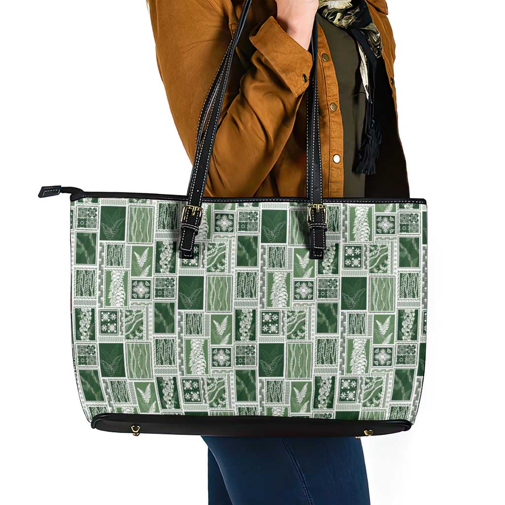 Vintage Aloha Block Quilt Leather Tote Bag Green Inspired Lei Motifs LT9 - Polynesian Pride