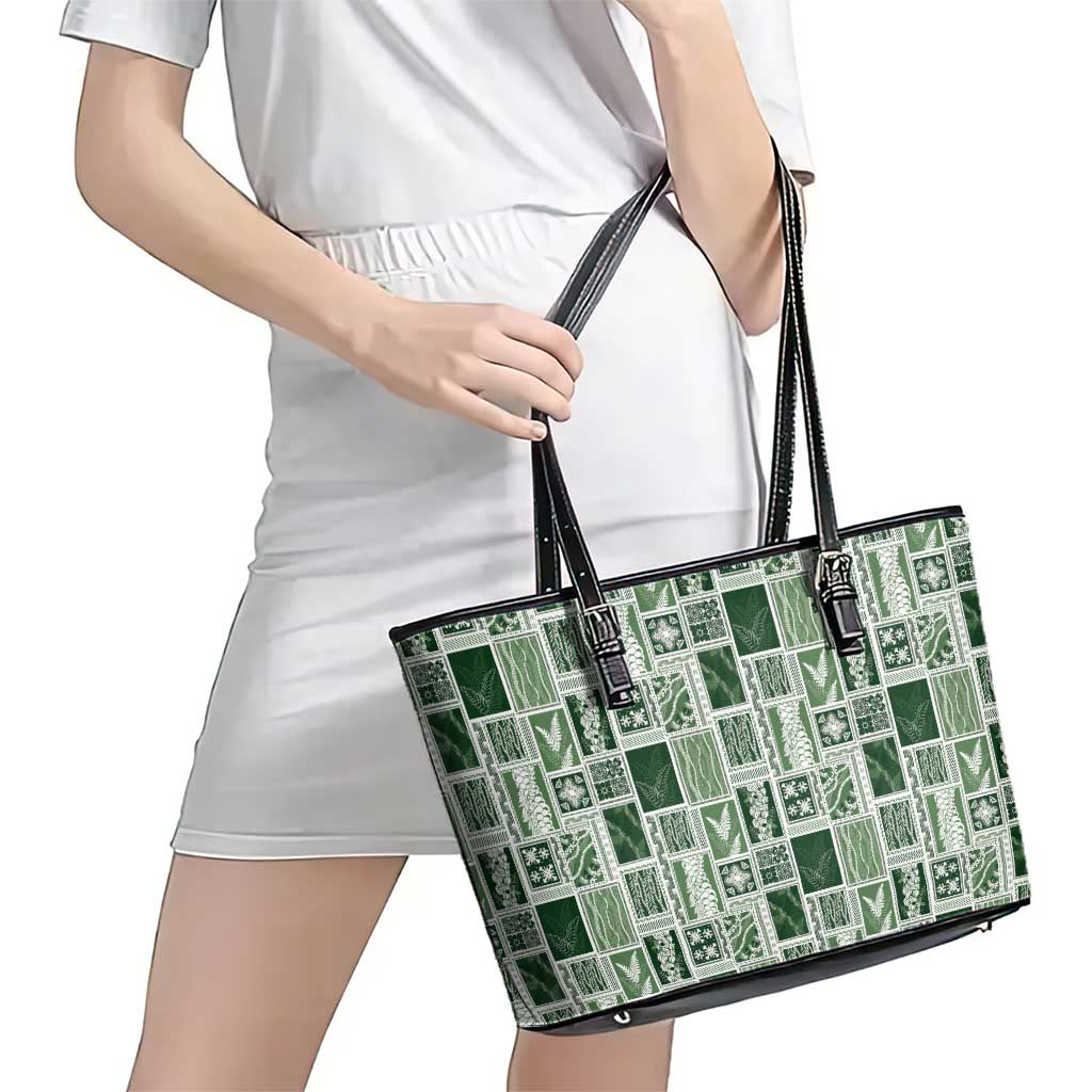 Vintage Aloha Block Quilt Leather Tote Bag Green Inspired Lei Motifs LT9 - Polynesian Pride