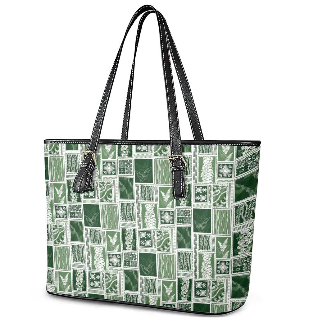 Vintage Aloha Block Quilt Leather Tote Bag Green Inspired Lei Motifs LT9 - Polynesian Pride