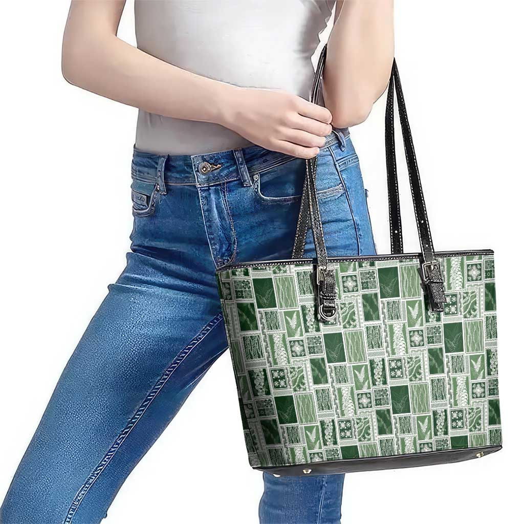 Vintage Aloha Block Quilt Leather Tote Bag Green Inspired Lei Motifs LT9 - Polynesian Pride