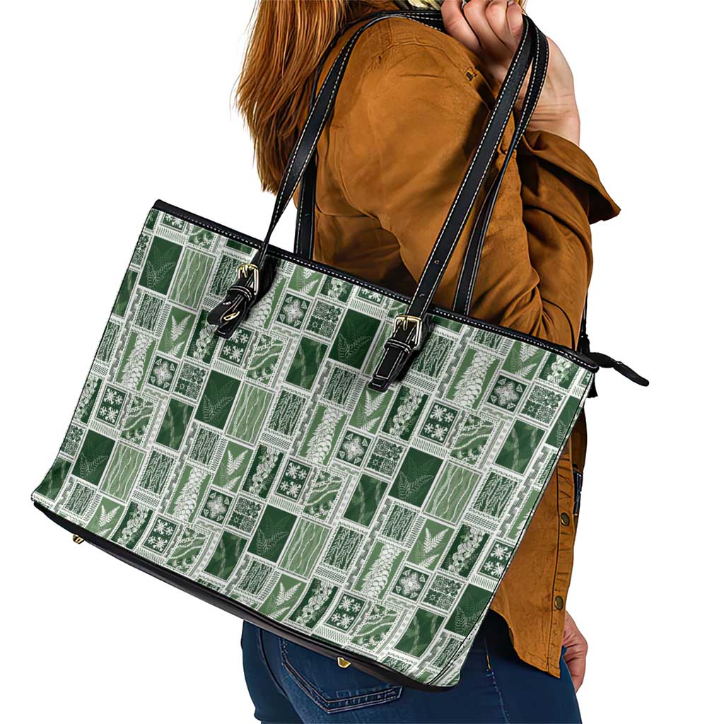 Vintage Aloha Block Quilt Leather Tote Bag Green Inspired Lei Motifs LT9 - Polynesian Pride