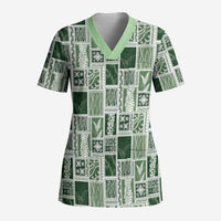 Vintage Aloha Block Quilt Scrub Top Green Inspired Lei Motifs LT9 Adult Green - Polynesian Pride