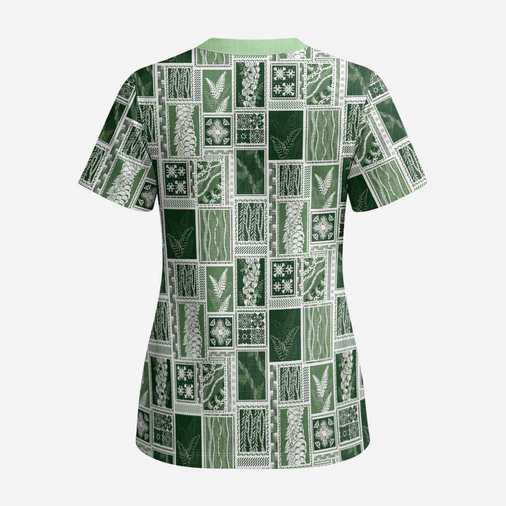 Vintage Aloha Block Quilt Scrub Top Green Inspired Lei Motifs LT9 - Polynesian Pride