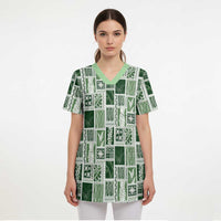 Vintage Aloha Block Quilt Scrub Top Green Inspired Lei Motifs LT9 - Polynesian Pride