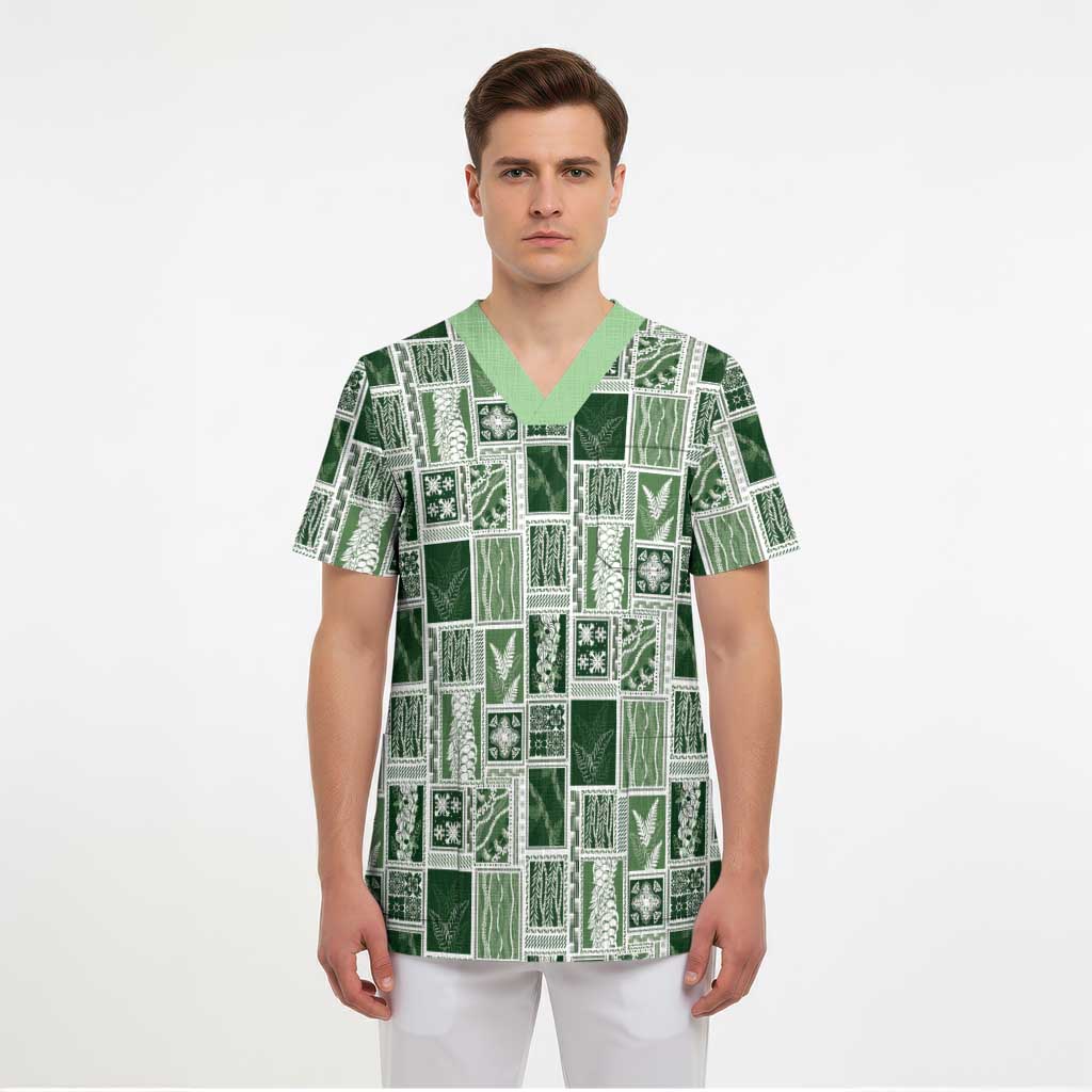 Vintage Aloha Block Quilt Scrub Top Green Inspired Lei Motifs LT9 - Polynesian Pride