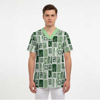 Vintage Aloha Block Quilt Scrub Top Green Inspired Lei Motifs LT9 - Polynesian Pride