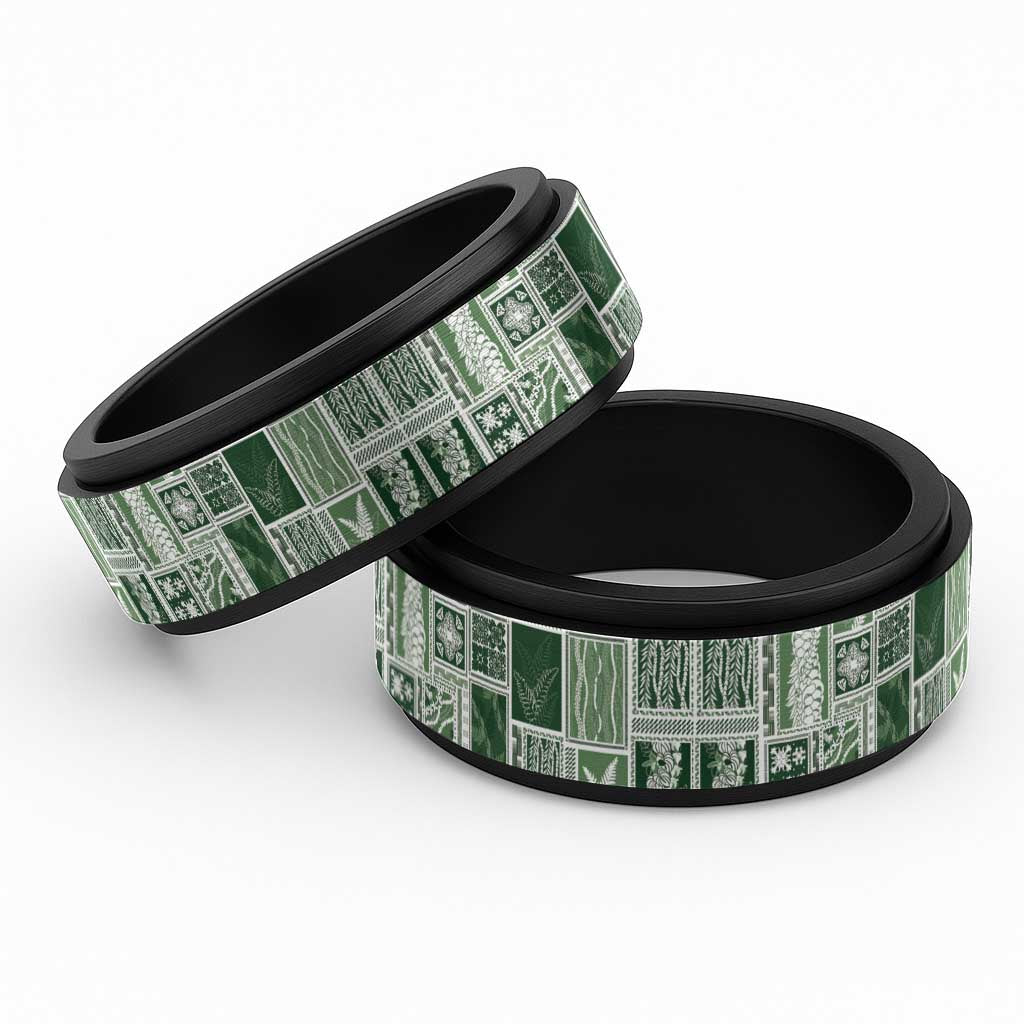 Vintage Aloha Block Quilt Spinner Ring Green Inspired Lei Motifs LT9 Black Green - Polynesian Pride