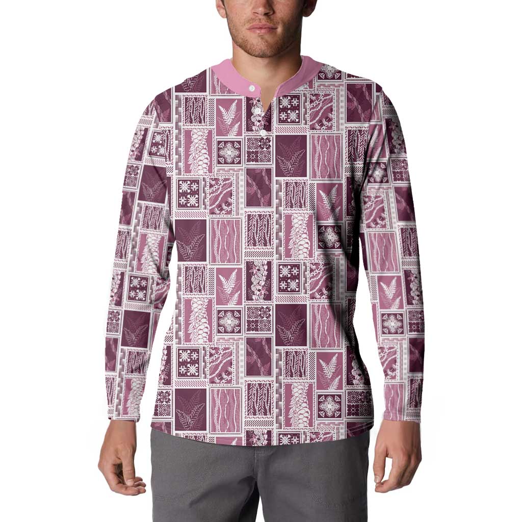 Vintage Aloha Block Quilt Button Sweatshirt Pink Inspired Lei Motifs LT9 - Polynesian Pride