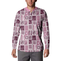 Vintage Aloha Block Quilt Button Sweatshirt Pink Inspired Lei Motifs LT9 - Polynesian Pride