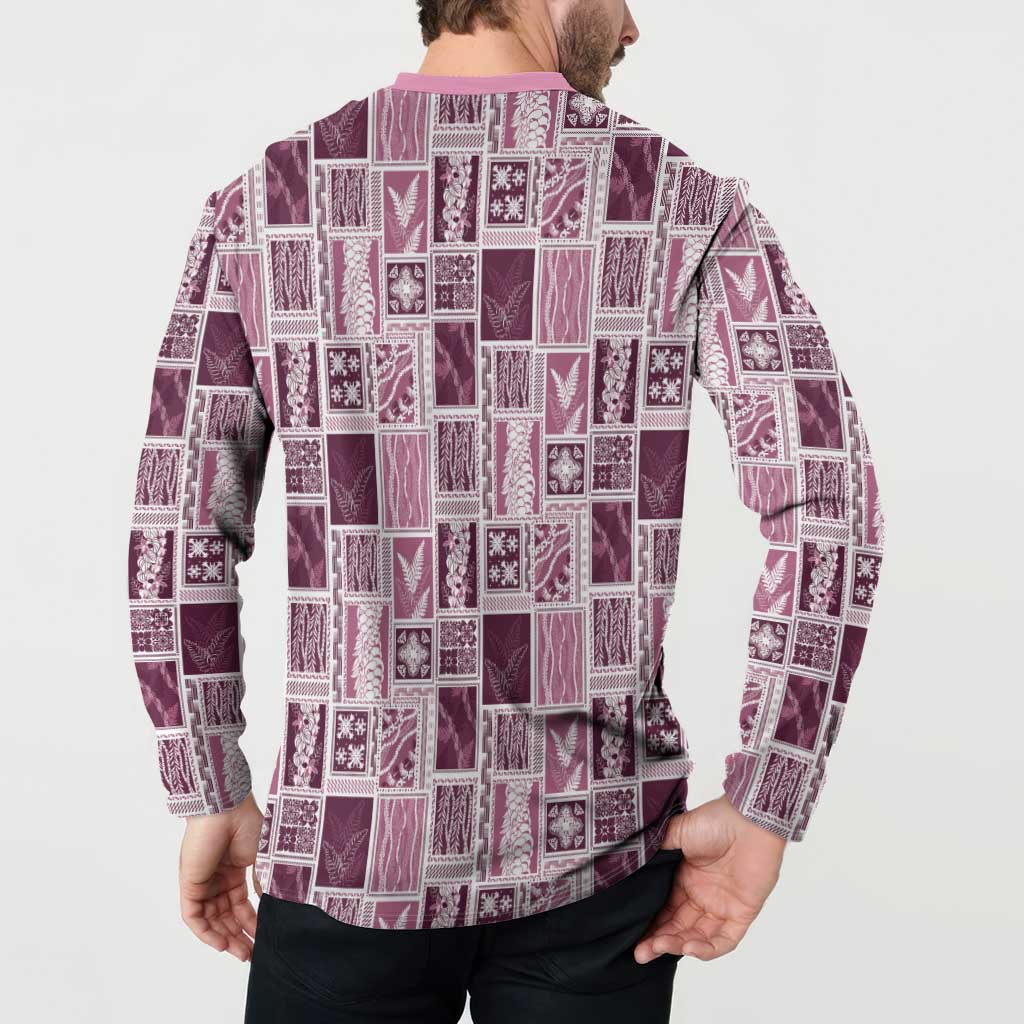Vintage Aloha Block Quilt Button Sweatshirt Pink Inspired Lei Motifs LT9 - Polynesian Pride