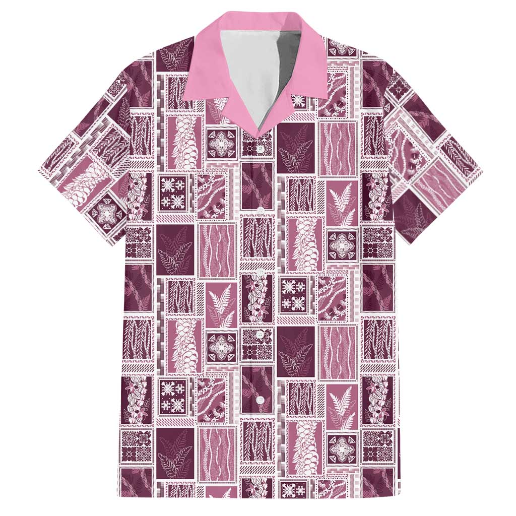Vintage Aloha Block Quilt Hawaiian Shirt Pink Inspired Lei Motifs LT9 Pink - Polynesian Pride