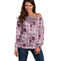 Vintage Aloha Block Quilt Off Shoulder Sweater Pink Inspired Lei Motifs LT9 Women Pink - Polynesian Pride