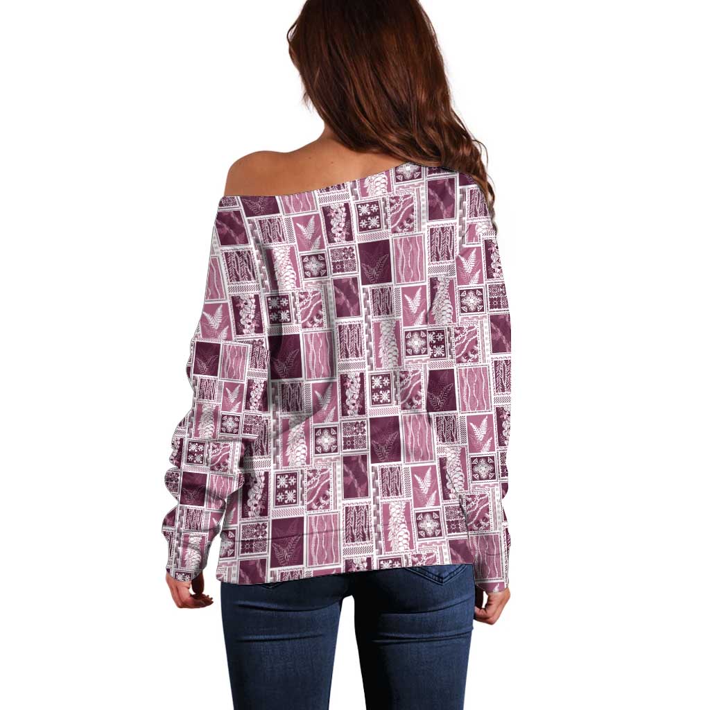 Vintage Aloha Block Quilt Off Shoulder Sweater Pink Inspired Lei Motifs LT9 - Polynesian Pride