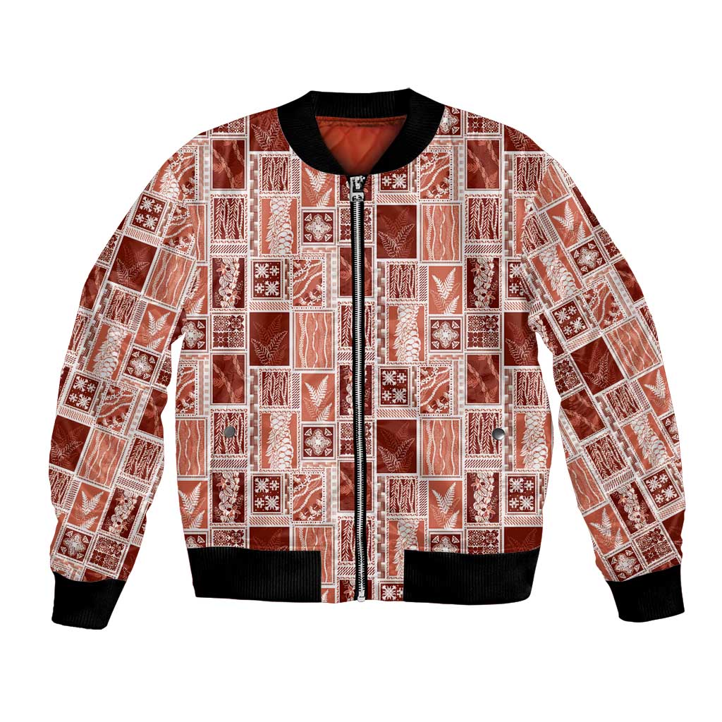 Vintage Aloha Block Quilt Bomber Jacket Red Inspired Lei Motifs LT9 Unisex Red - Polynesian Pride