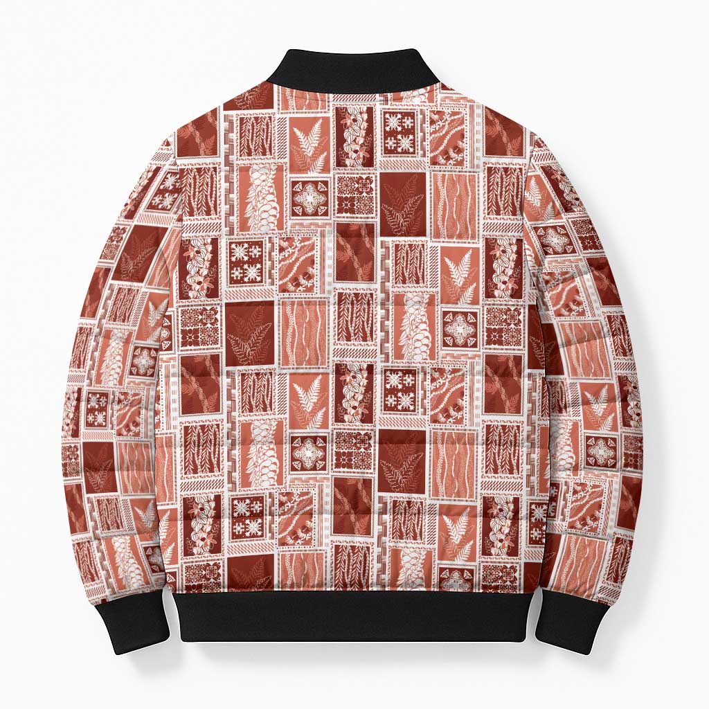 Vintage Aloha Block Quilt Bomber Puffer Jacket Red Inspired Lei Motifs LT9 - Polynesian Pride