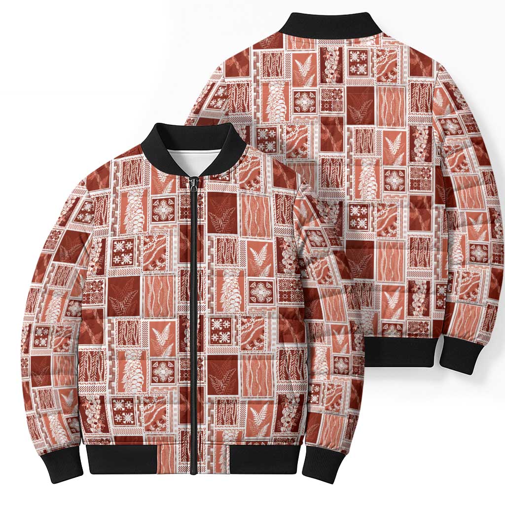 Vintage Aloha Block Quilt Bomber Puffer Jacket Red Inspired Lei Motifs LT9 - Polynesian Pride