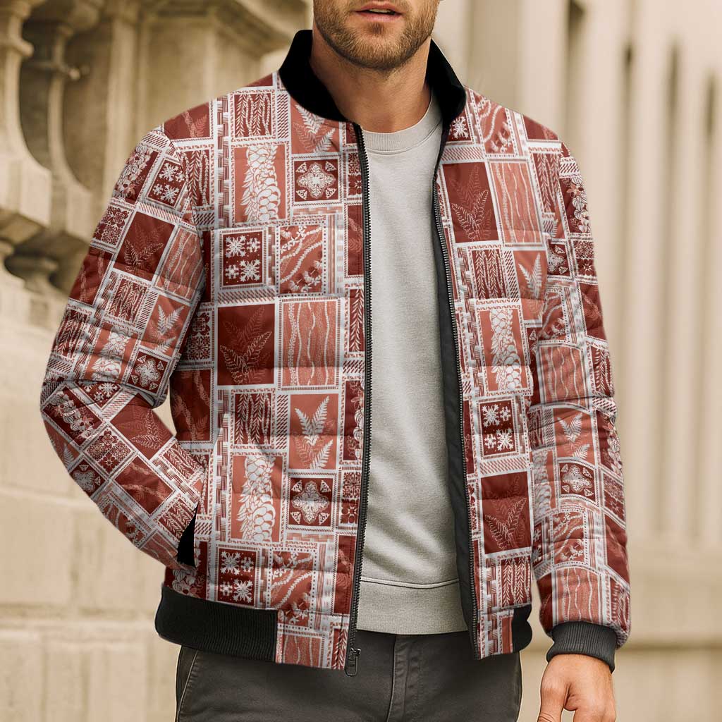 Vintage Aloha Block Quilt Bomber Puffer Jacket Red Inspired Lei Motifs LT9 - Polynesian Pride