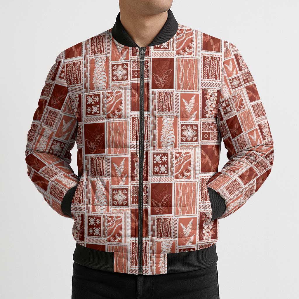 Vintage Aloha Block Quilt Bomber Puffer Jacket Red Inspired Lei Motifs LT9 - Polynesian Pride