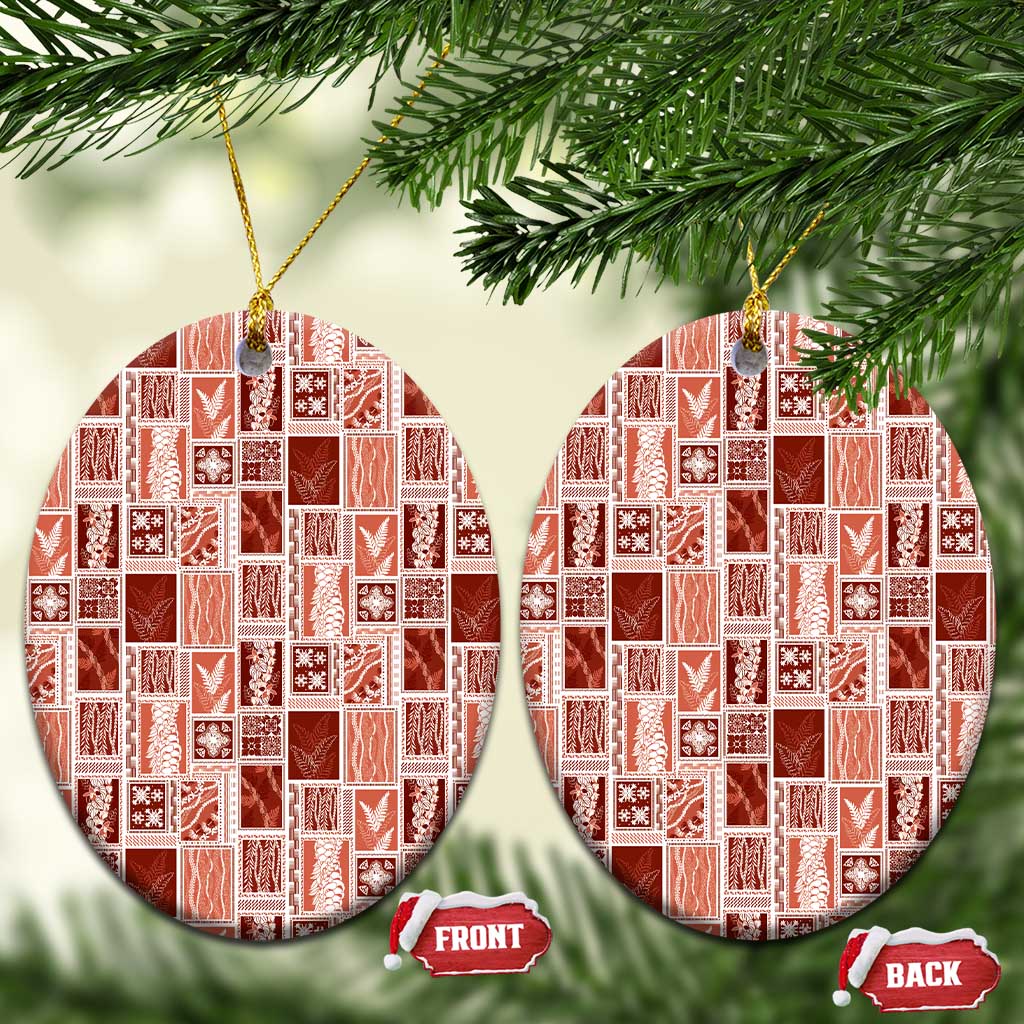 Vintage Aloha Block Quilt Ceramic Ornament Red Inspired Lei Motifs LT9 Oval Red - Polynesian Pride
