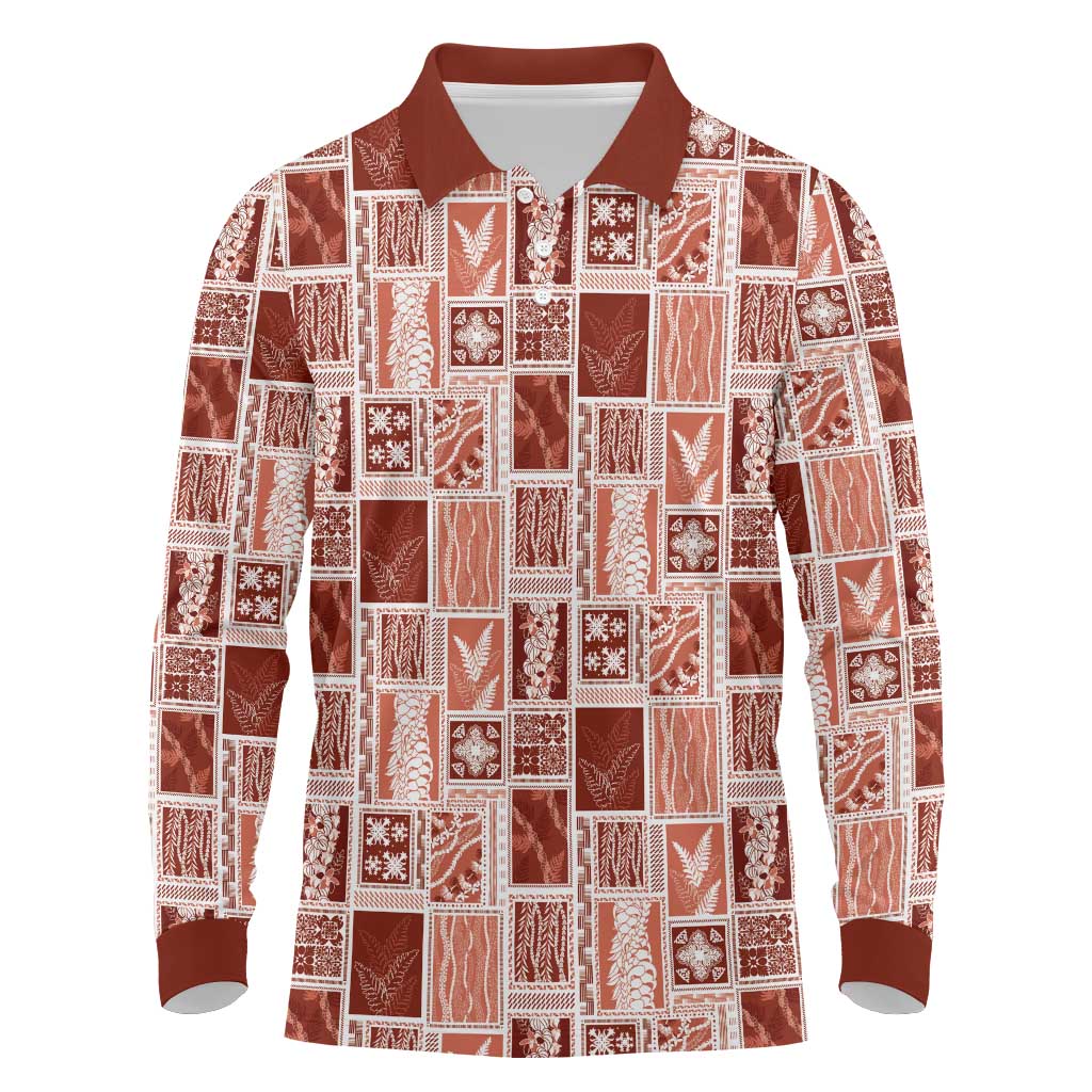 Vintage Aloha Block Quilt Long Sleeve Polo Shirt Red Inspired Lei Motifs LT9 Red - Polynesian Pride