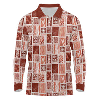 Vintage Aloha Block Quilt Long Sleeve Polo Shirt Red Inspired Lei Motifs LT9 Red - Polynesian Pride