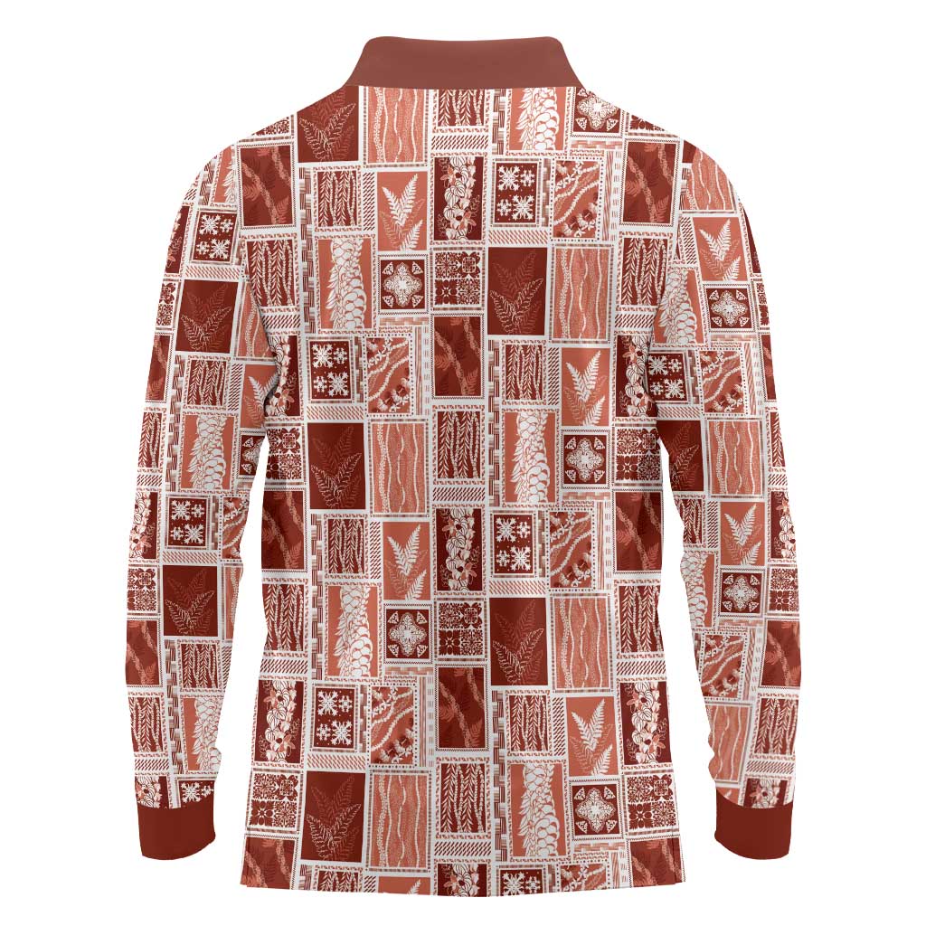 Vintage Aloha Block Quilt Long Sleeve Polo Shirt Red Inspired Lei Motifs LT9 - Polynesian Pride