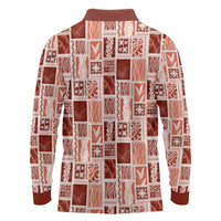 Vintage Aloha Block Quilt Long Sleeve Polo Shirt Red Inspired Lei Motifs LT9 - Polynesian Pride