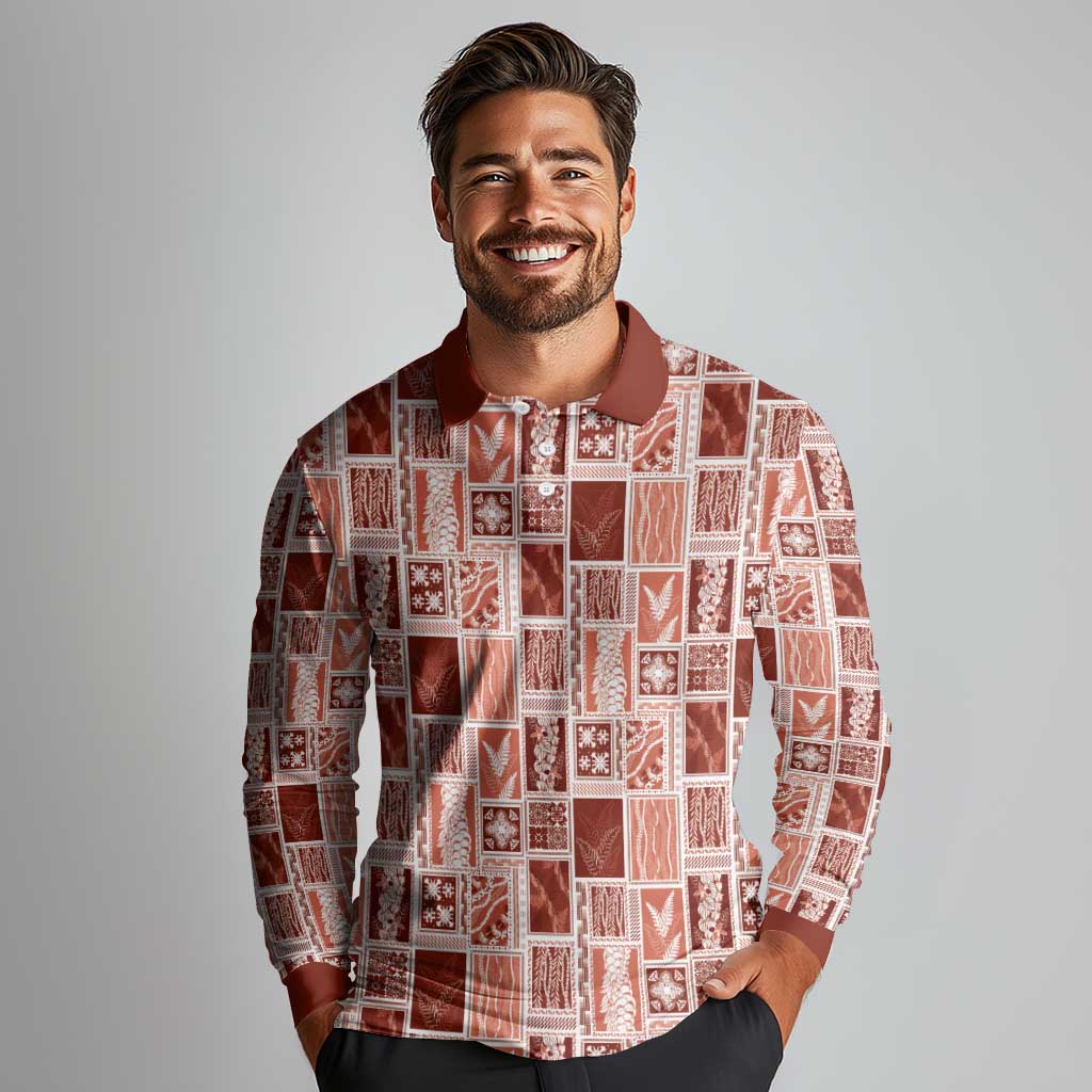 Vintage Aloha Block Quilt Long Sleeve Polo Shirt Red Inspired Lei Motifs LT9 - Polynesian Pride
