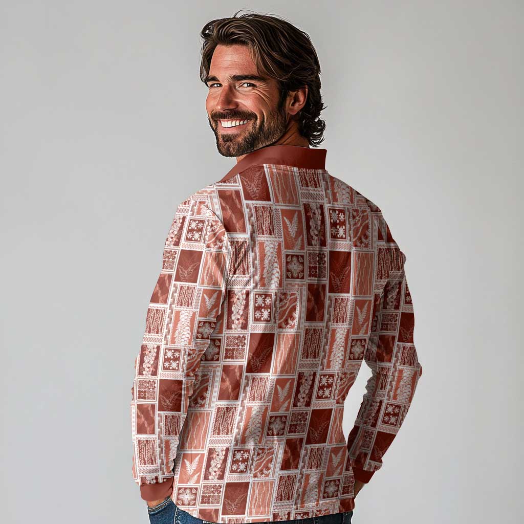 Vintage Aloha Block Quilt Long Sleeve Polo Shirt Red Inspired Lei Motifs LT9 - Polynesian Pride