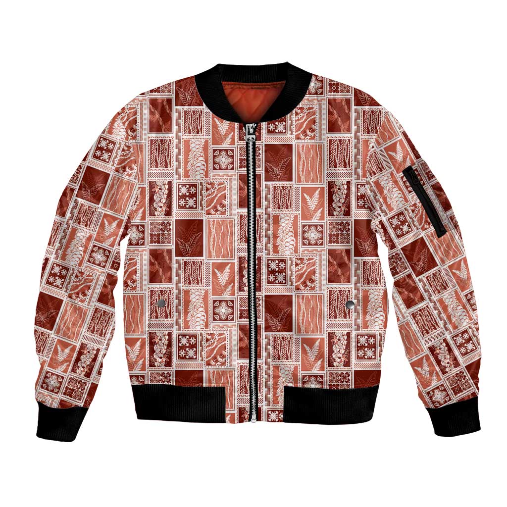 Vintage Aloha Block Quilt Sleeve Zip Bomber Jacket Red Inspired Lei Motifs LT9 Unisex Red - Polynesian Pride