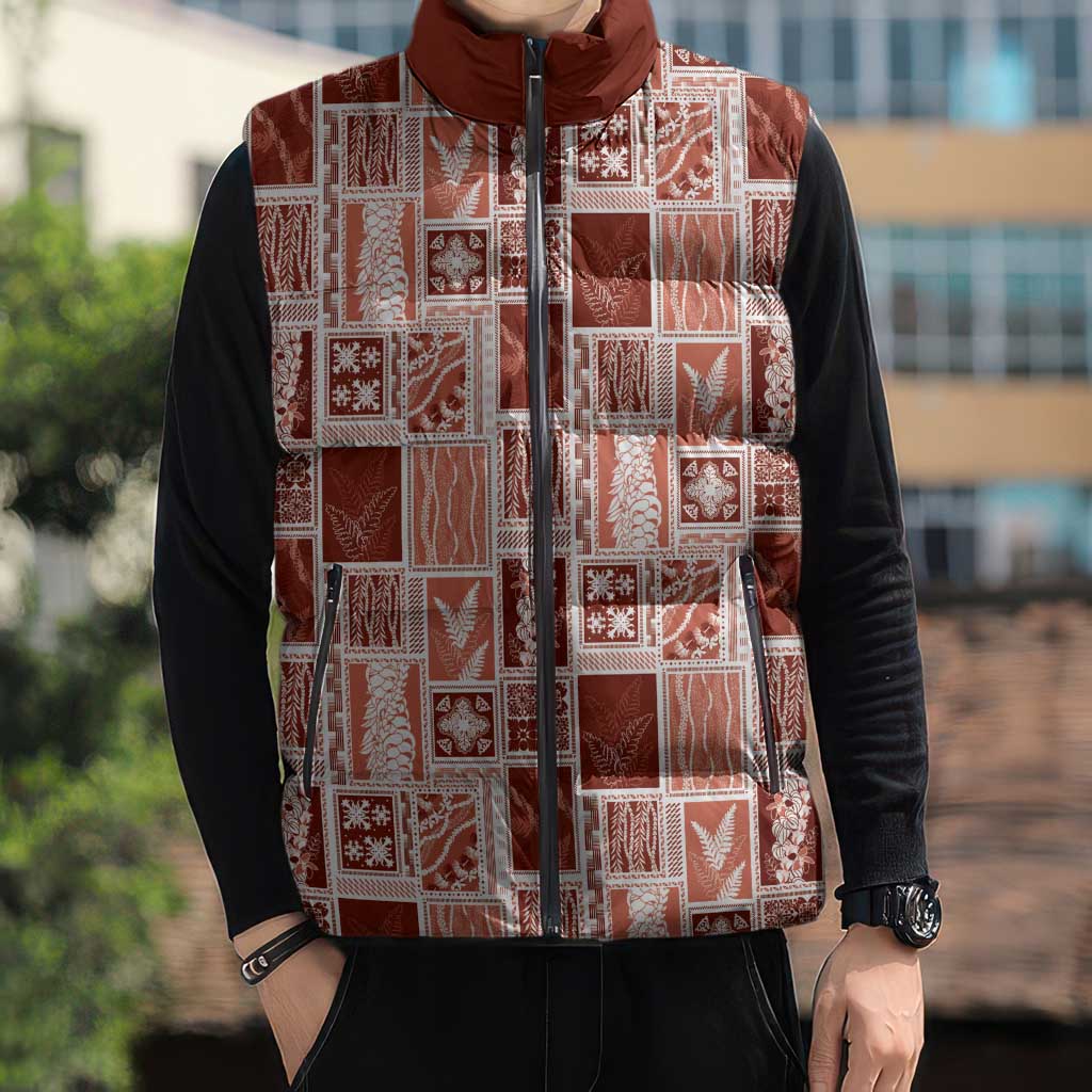 Vintage Aloha Block Quilt Sleeveless Puffer Jacket Red Inspired Lei Motifs LT9 - Polynesian Pride