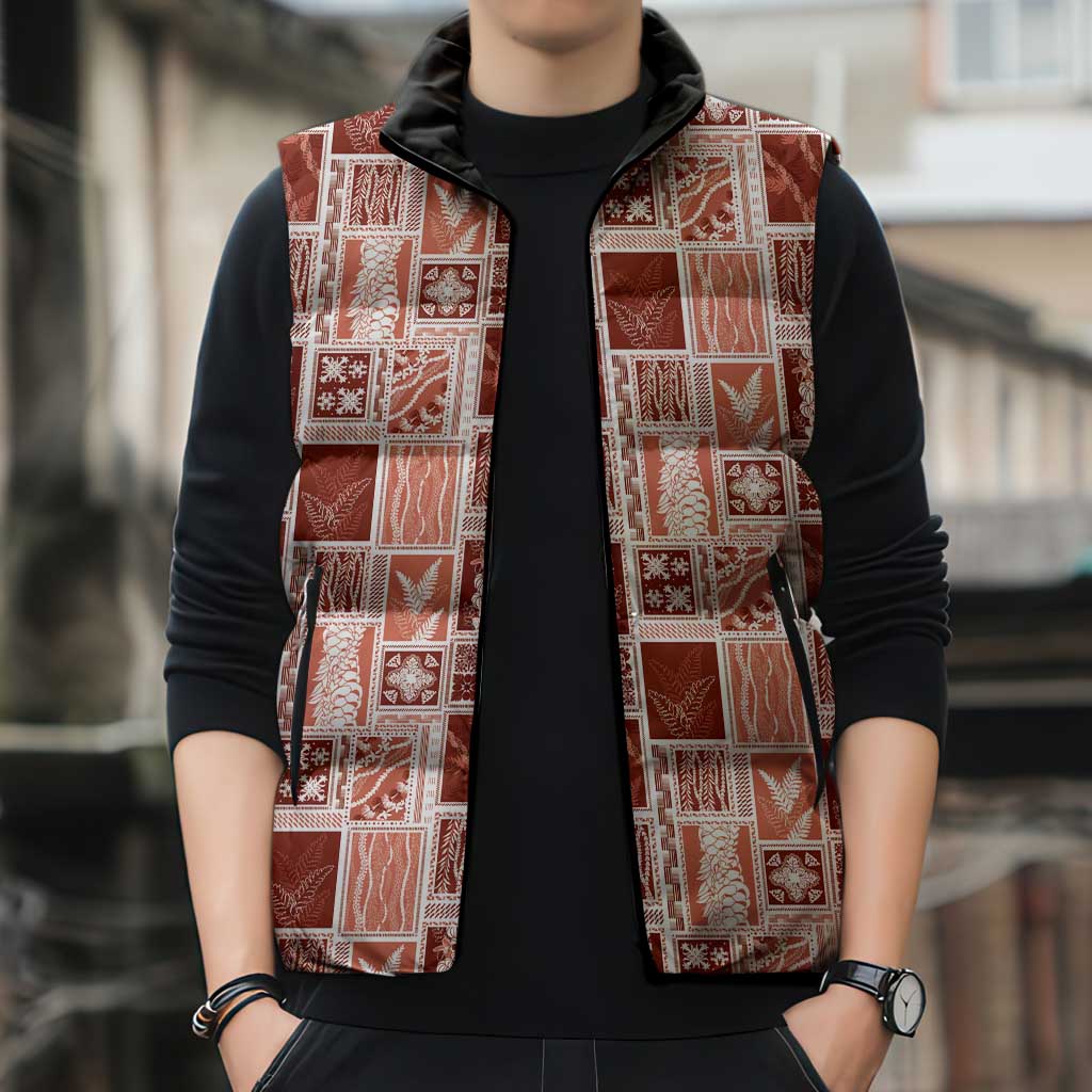Vintage Aloha Block Quilt Sleeveless Puffer Jacket Red Inspired Lei Motifs LT9 - Polynesian Pride