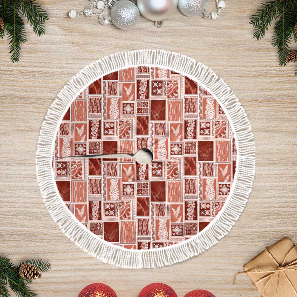 Vintage Aloha Block Quilt Tree Skirt Red Inspired Lei Motifs LT9 Fringed Red - Polynesian Pride