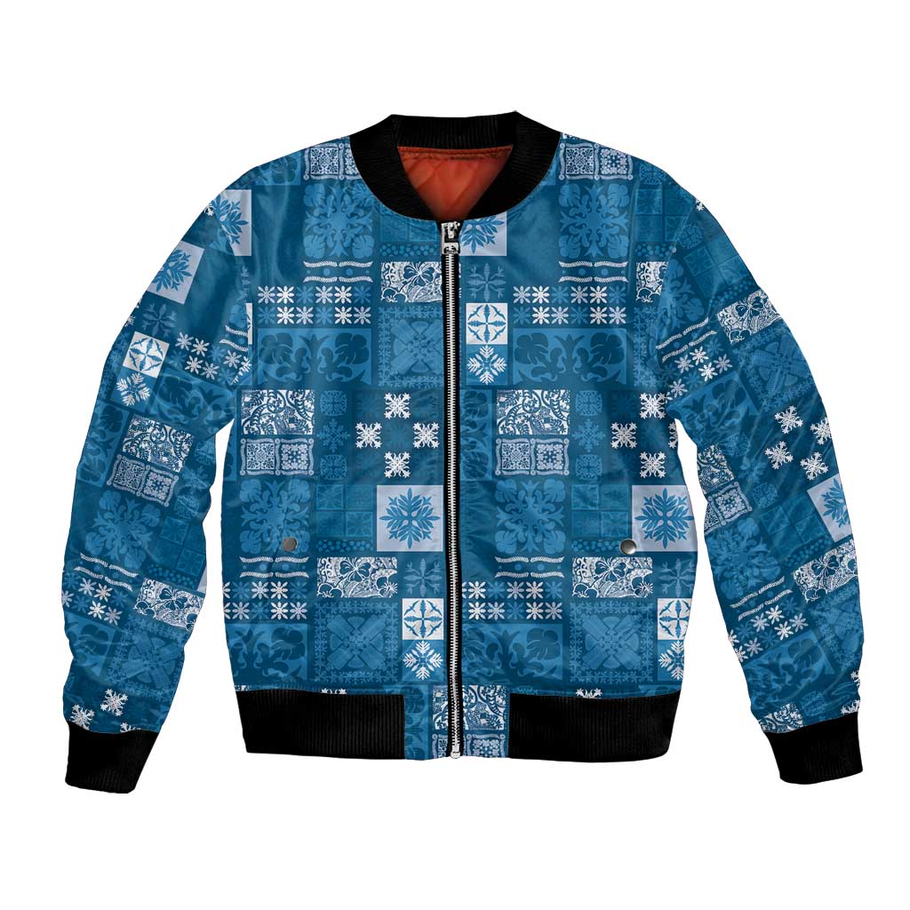 Vintage Hawaiian Quilting Patterns Bomber Jacket Blue Style Tribal Fabric Patchwork LT9 Unisex Blue - Polynesian Pride
