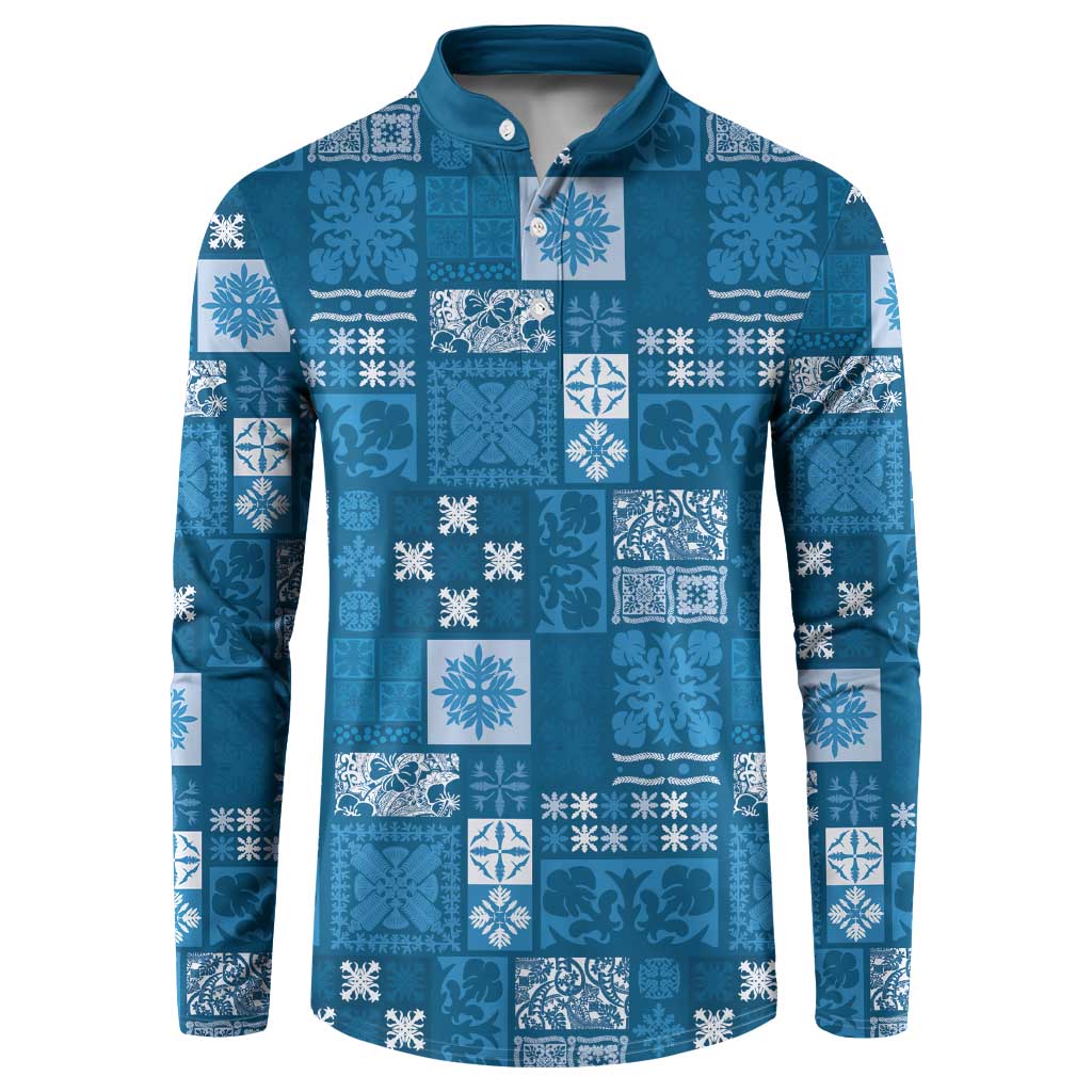Vintage Hawaiian Quilting Patterns Button Sweatshirt Blue Style Tribal Fabric Patchwork LT9 Blue - Polynesian Pride