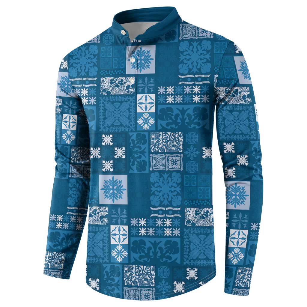 Vintage Hawaiian Quilting Patterns Button Sweatshirt Blue Style Tribal Fabric Patchwork LT9 - Polynesian Pride