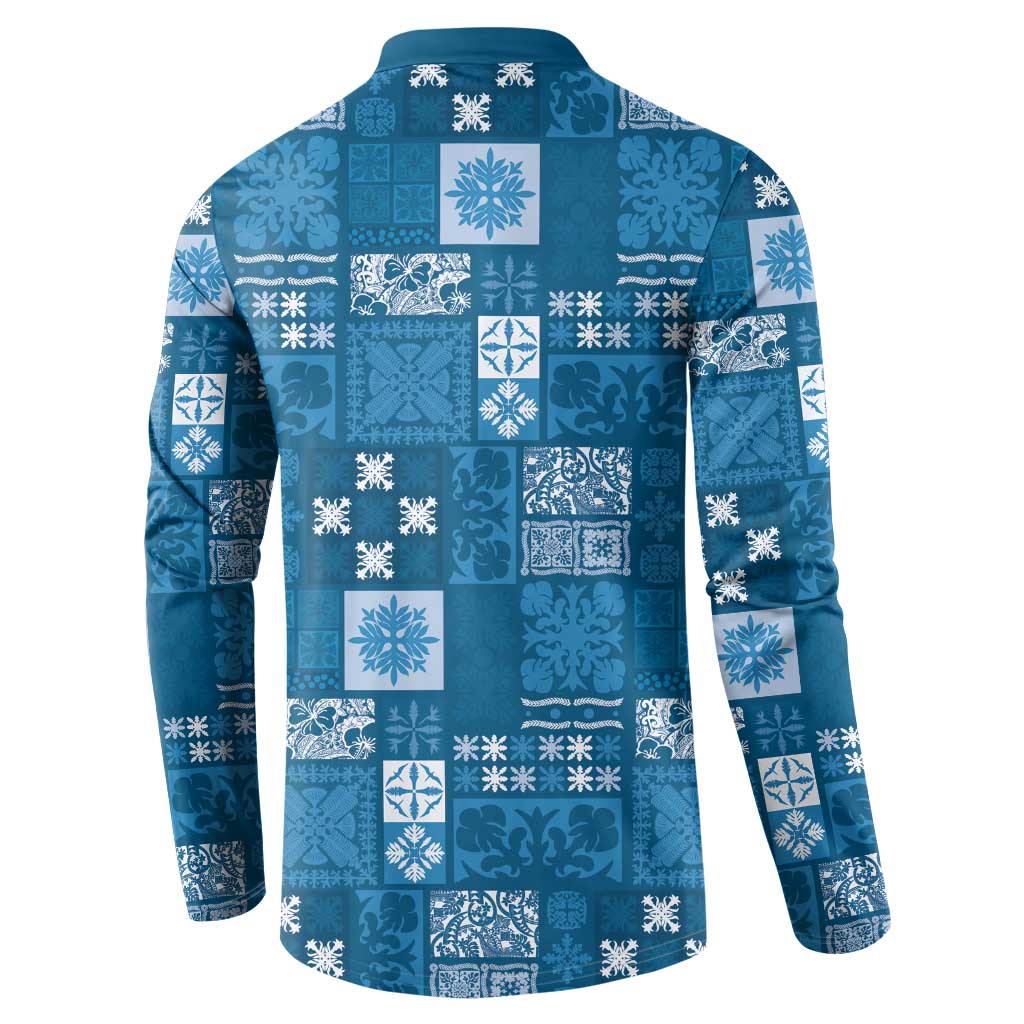 Vintage Hawaiian Quilting Patterns Button Sweatshirt Blue Style Tribal Fabric Patchwork LT9 - Polynesian Pride