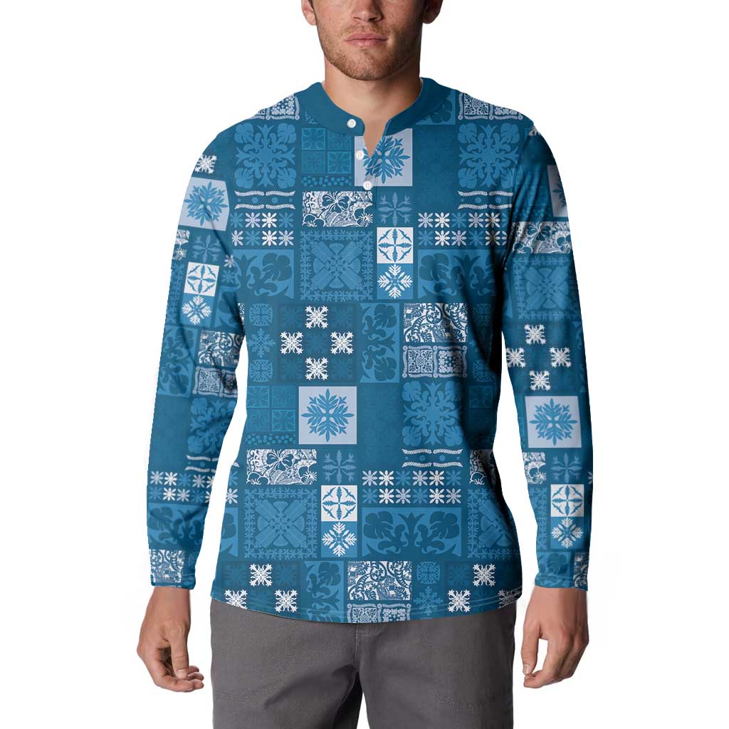 Vintage Hawaiian Quilting Patterns Button Sweatshirt Blue Style Tribal Fabric Patchwork LT9 - Polynesian Pride