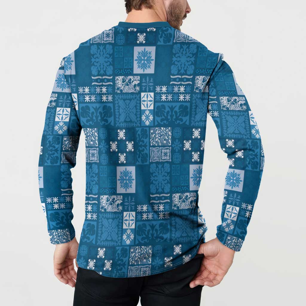 Vintage Hawaiian Quilting Patterns Button Sweatshirt Blue Style Tribal Fabric Patchwork LT9 - Polynesian Pride