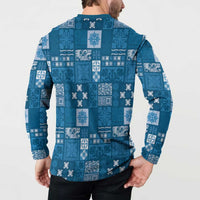 Vintage Hawaiian Quilting Patterns Button Sweatshirt Blue Style Tribal Fabric Patchwork LT9 - Polynesian Pride