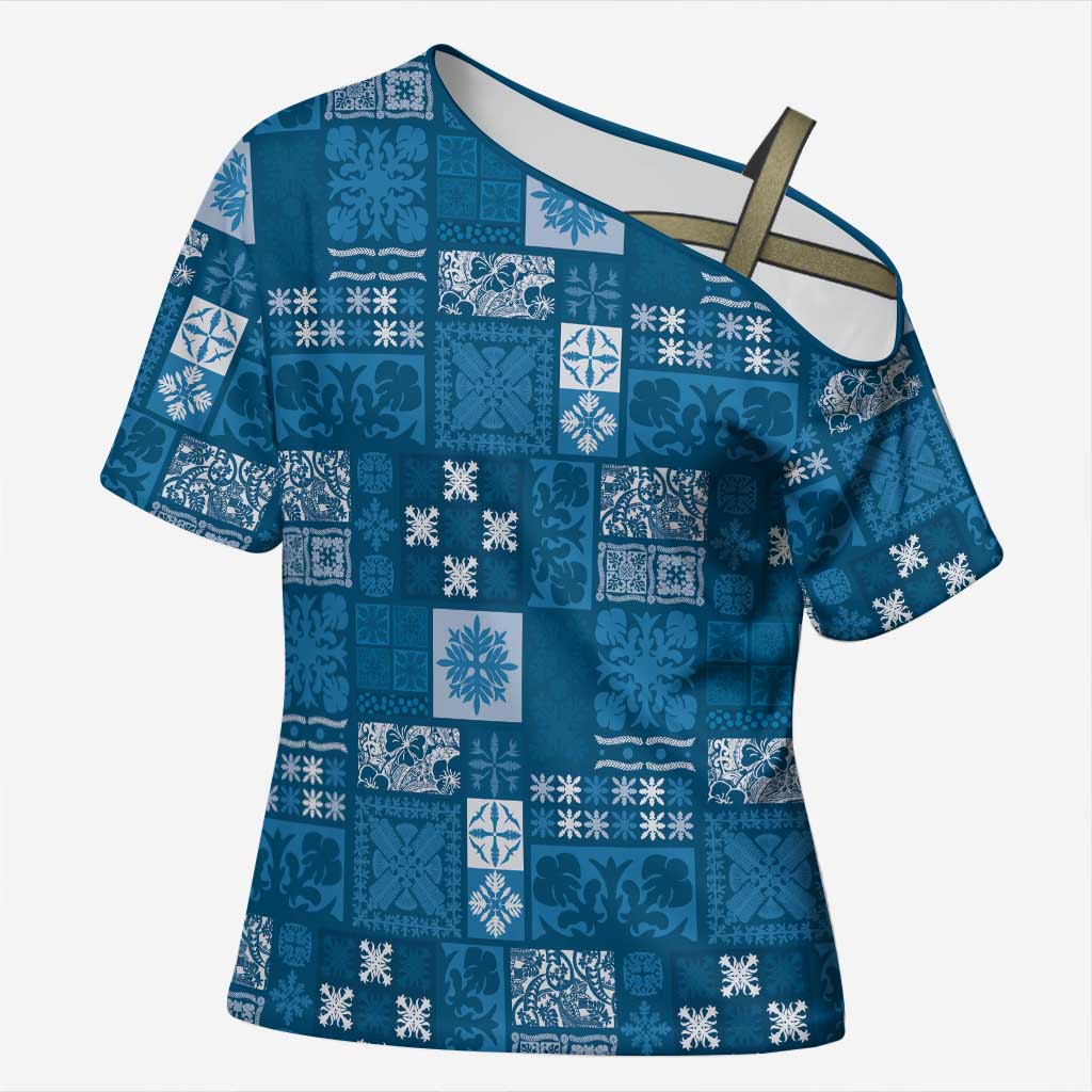 Vintage Hawaiian Quilting Patterns Cross Shoulder Shirt Blue Style Tribal Fabric Patchwork LT9 Female Blue - Polynesian Pride